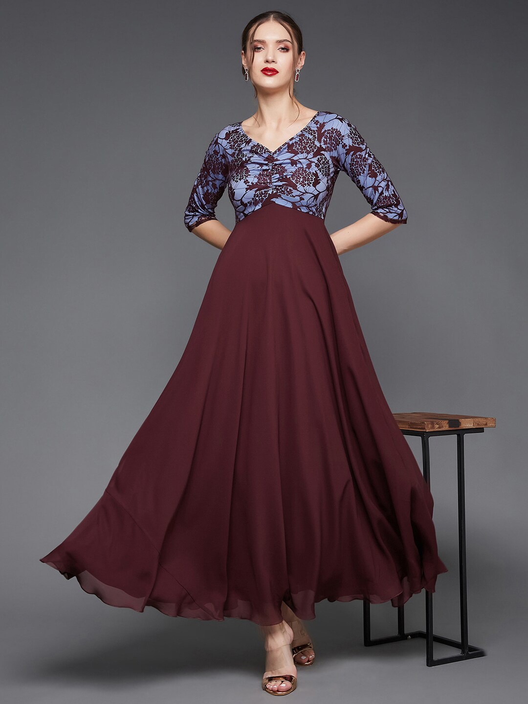 

Miss Chase Floral Self Design V-Neck Georgette Empire Maxi Dress, Maroon