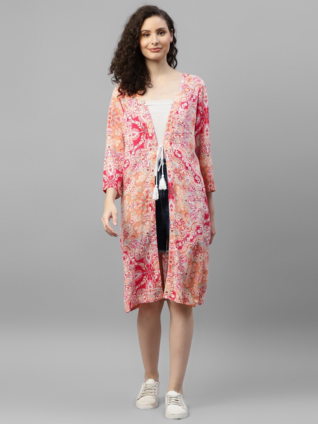 

DEEBACO Printed Longline Ethnic Shrug, Cream