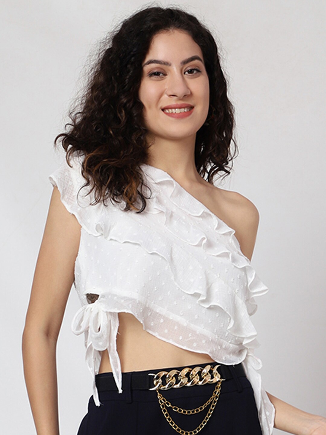 

Prettify White One Shoulder Ruffle Detail Georgette Crop Top