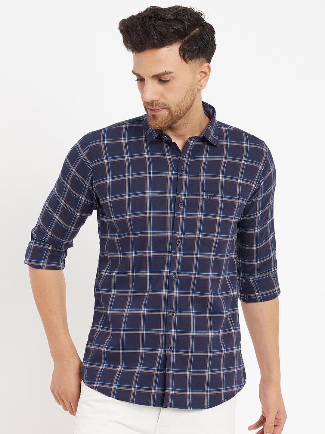 

Duke Slim Fit Windowpane Checked Cotton Casual Shirt, Blue