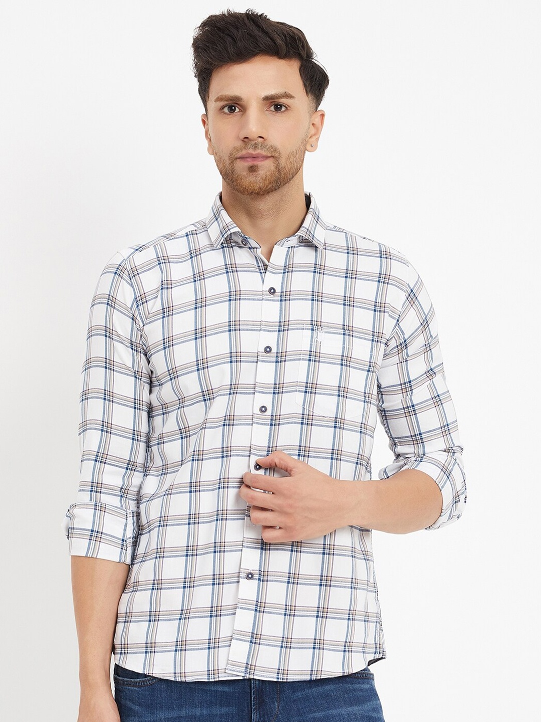 

Duke Slim Fit Tartan Checked Cotton Casual Shirt, White