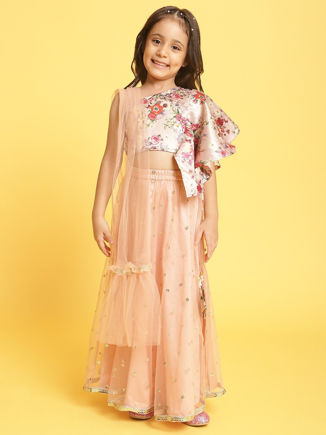 

Nauti Nati Girls Floral Printed Sequinned Ready to Wear Lehenga & Blouse With Dupatta, Peach