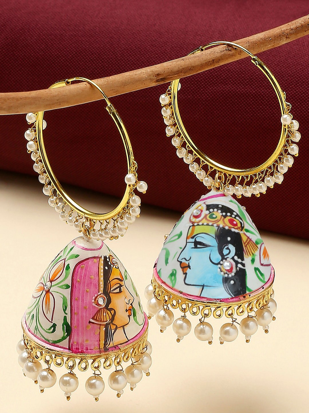 

OOMPH Radha Krishna Design Dome Shaped Beaded Jhumkas, White