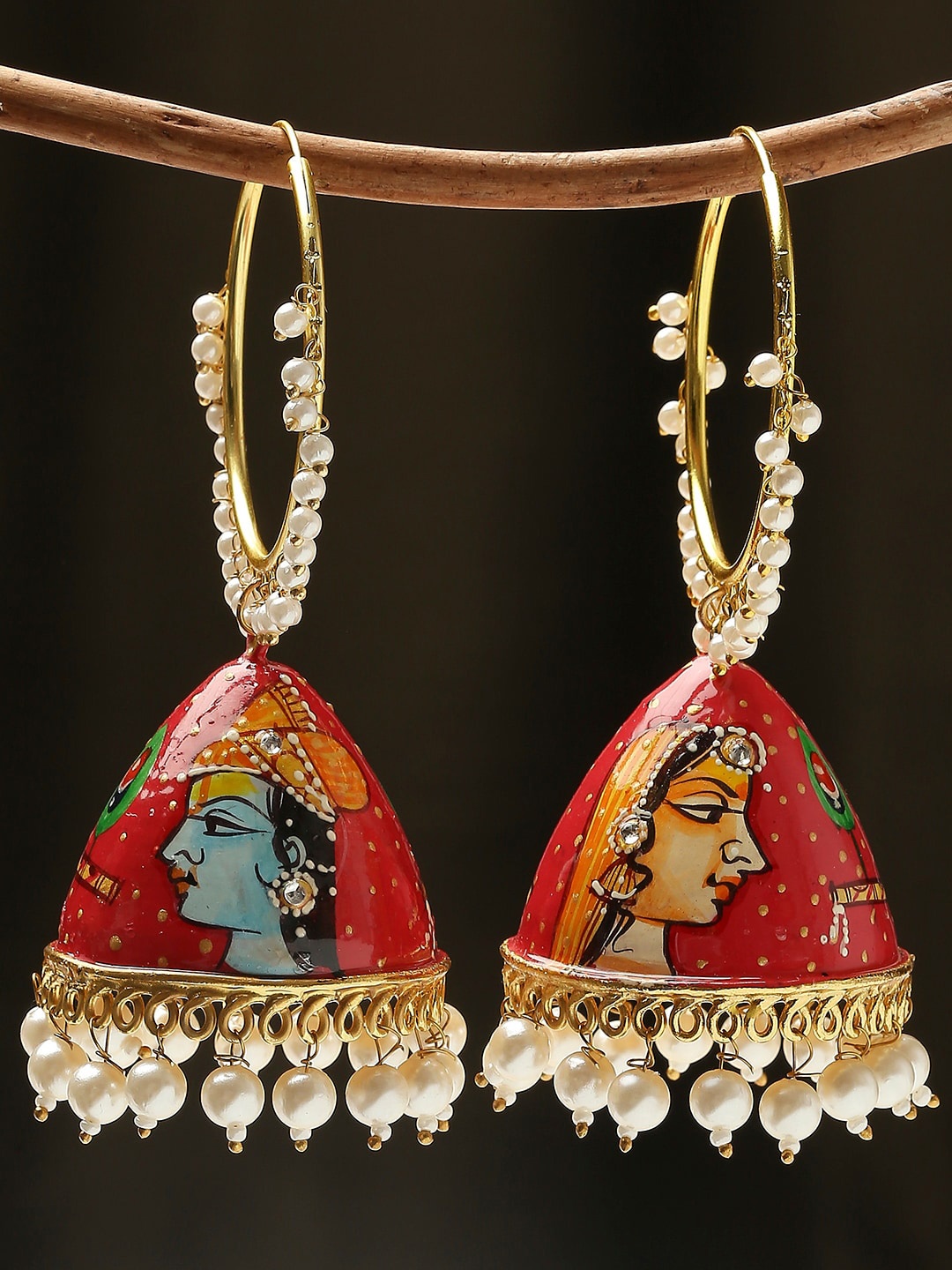 

OOMPH Pearls Meenakari Printed Dome Shaped Jhumkas, Red