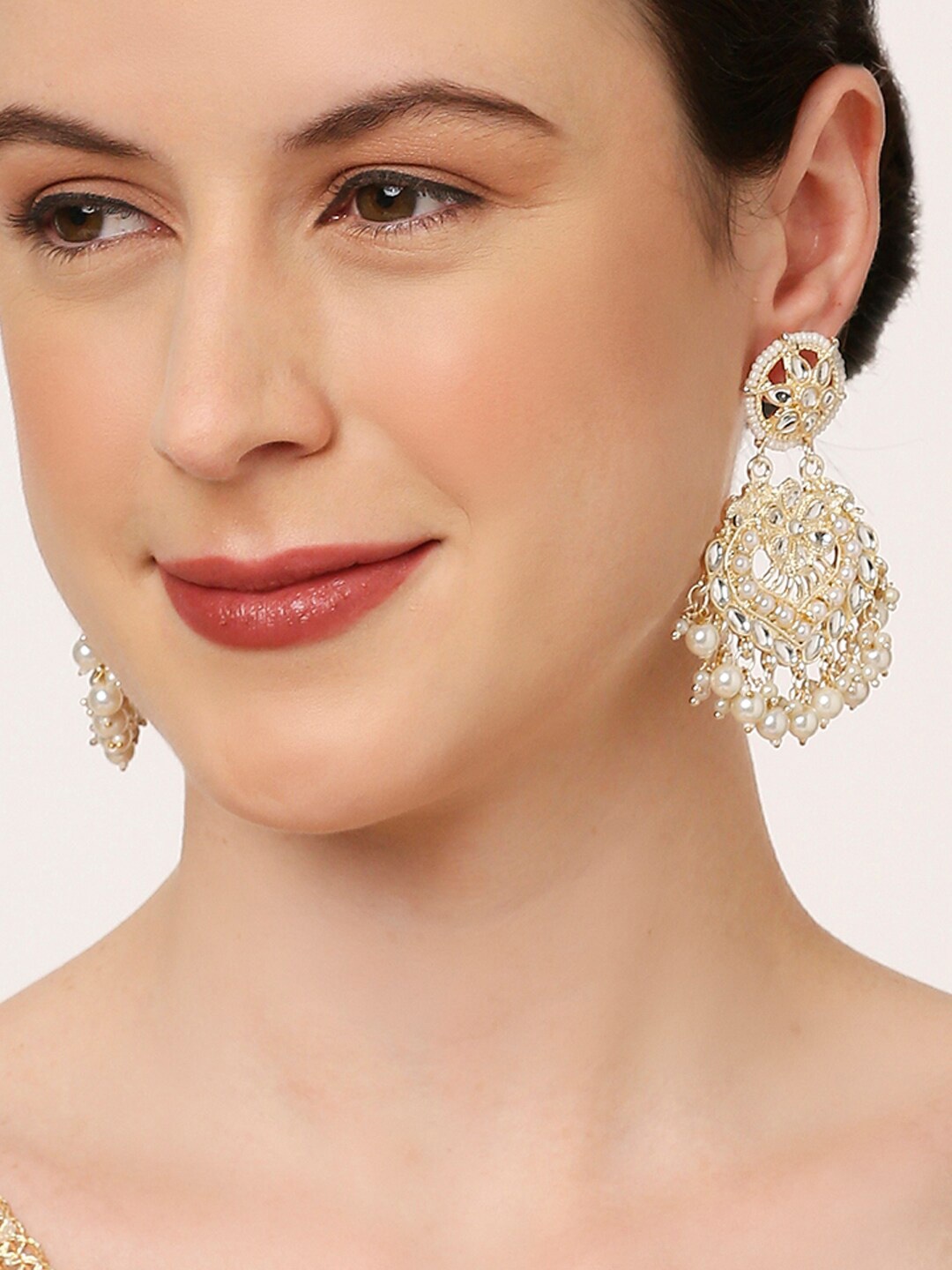 

OOMPH Kundan Studded & Beaded Contemporary Chandbalis Earrings, White