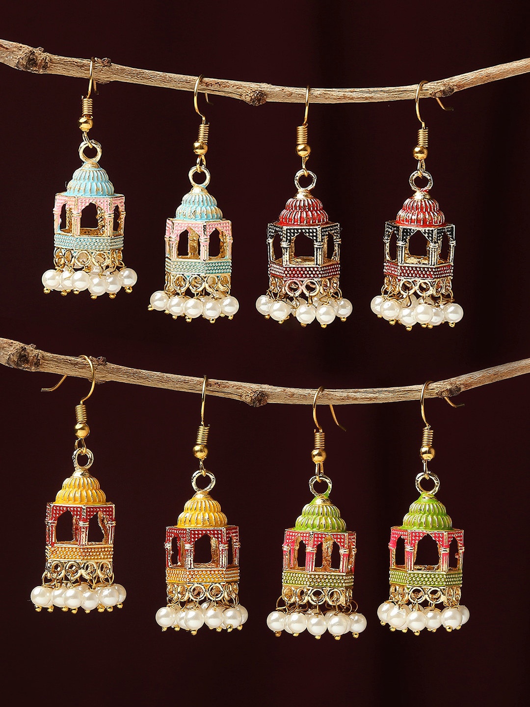 

OOMPH Set Of 2 Pearls Dome Shaped Jhumkas, Red