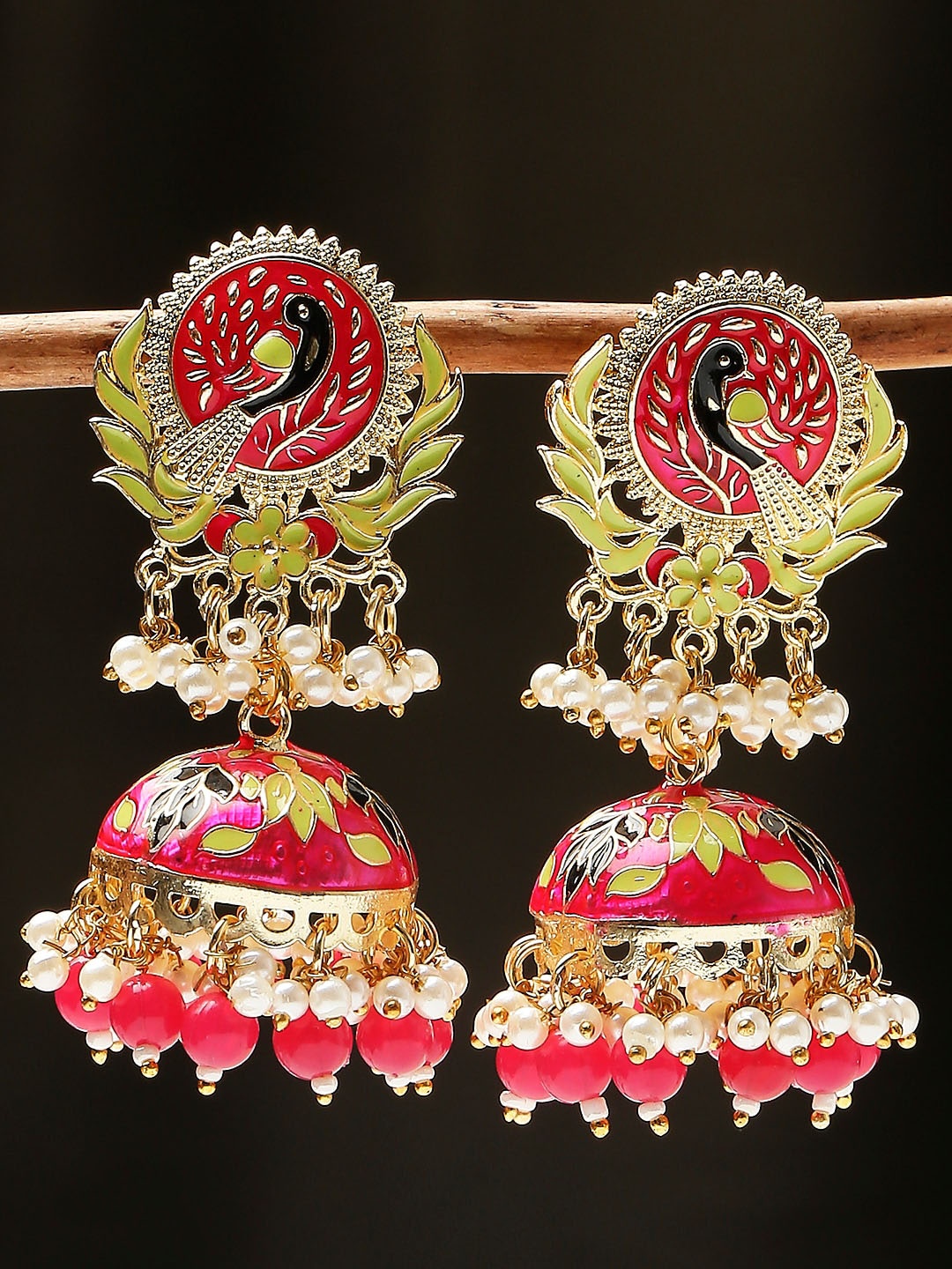 

OOMPH Peacock Shaped Pearl Meenakari Jhumkas Earrings, Pink