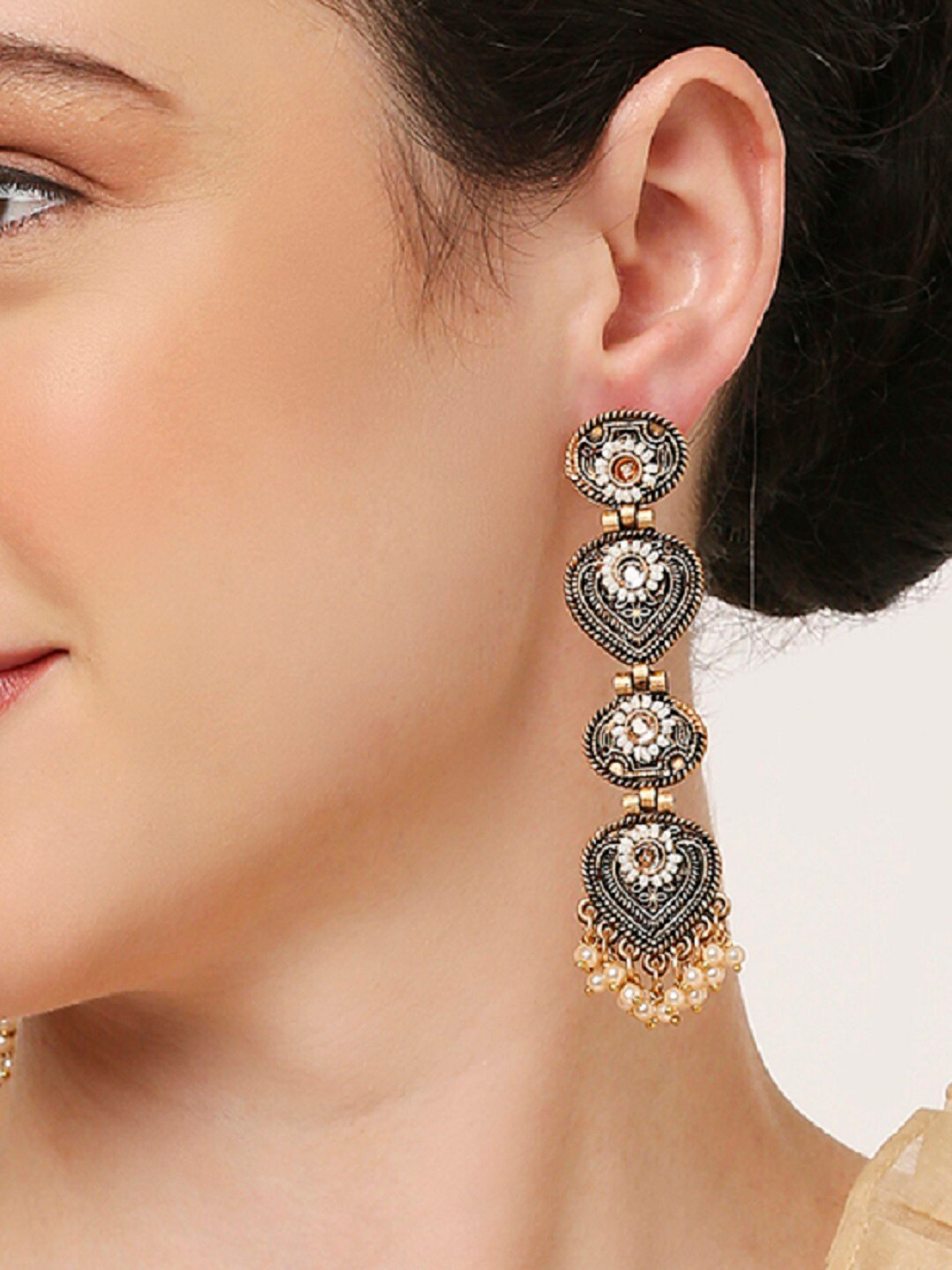 

OOMPH Floral Kundan Antique Drop Earrings, Gold
