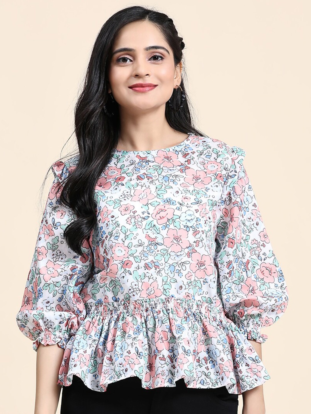 

Growish Floral Printed Puffed Sleeves Cotton Peplum Top, White