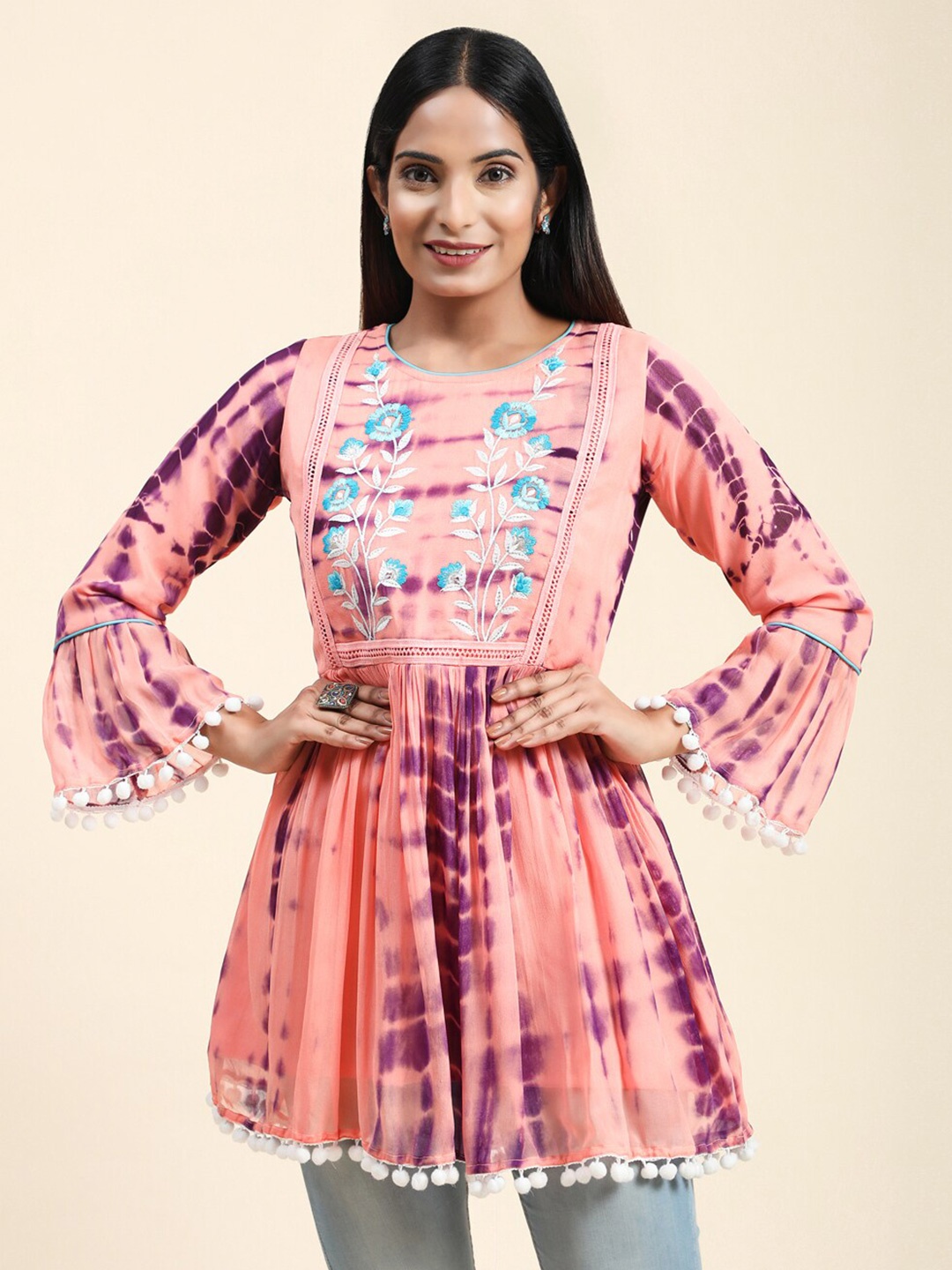 

Growish Tie and Dyed Bell Sleeves Georgette Longline Top, Peach