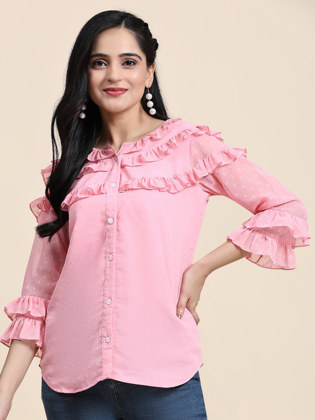 

Growish Self Design Bell Sleeves Ruffles Cotton Shirt Style Top, Pink