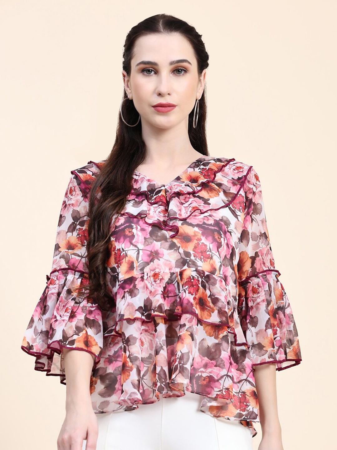 

Growish Floral Printed Bell Sleeve Ruffles A-Line Cotton Top, Pink