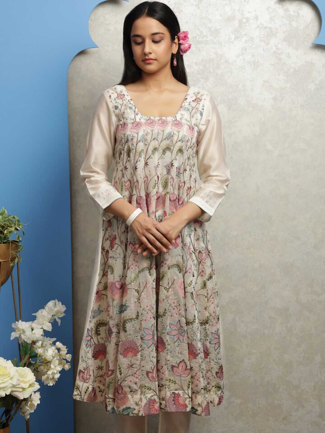 

SMRITI GUPTA Floral Printed Chanderi Silk Anarkali Kurta, Off white