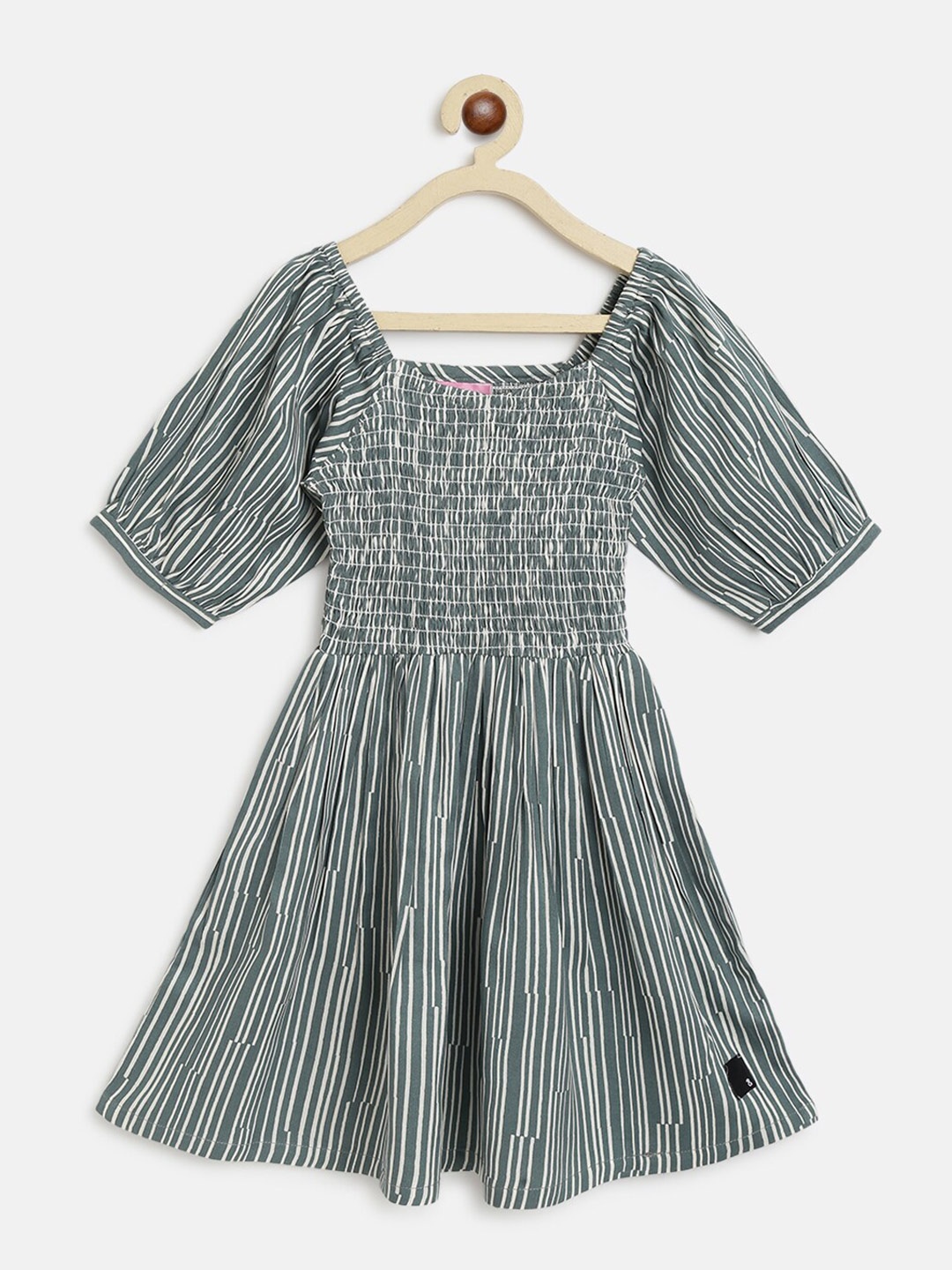 

TALES & STORIES Girls Striped Puff Sleeve Fit & Flare Dress, Grey