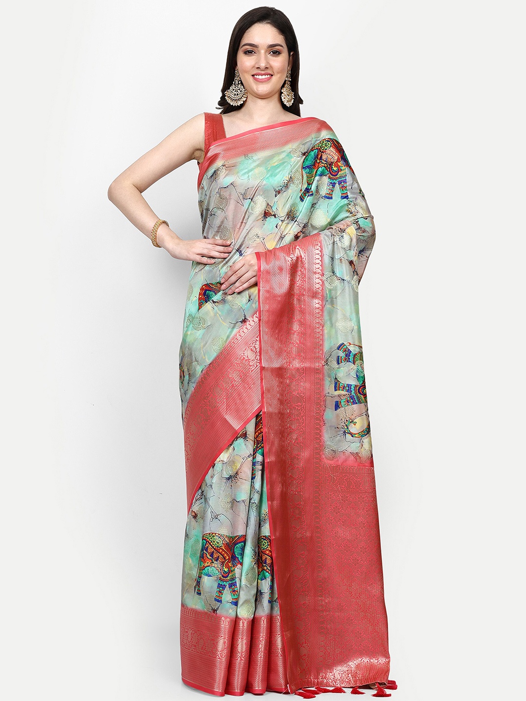 

DrapeMall Ethnic Motifs Printed Zari Art Silk Saree, Sea green