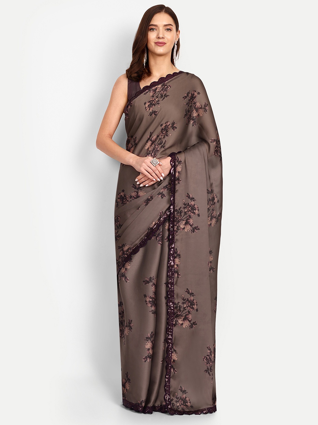 

DrapeMall Floral Printed Sequinned Satin Saree, Brown