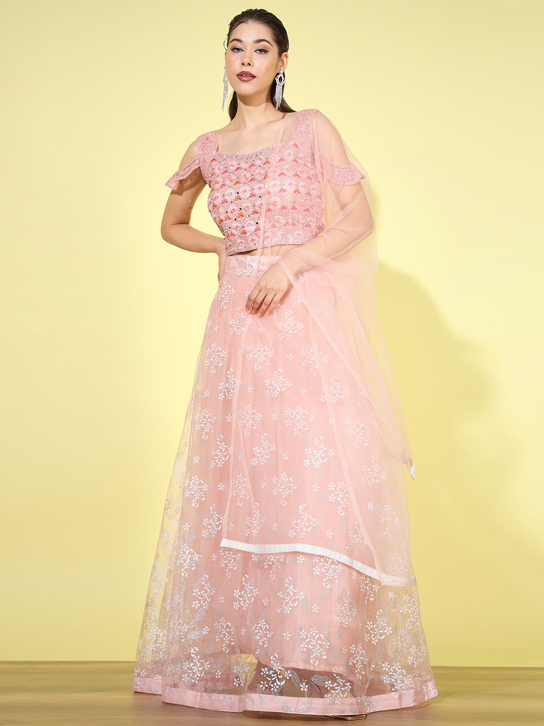 

Chhabra 555 Embroidered Blouse With Foil Printed Lehenga & Dupatta, Peach