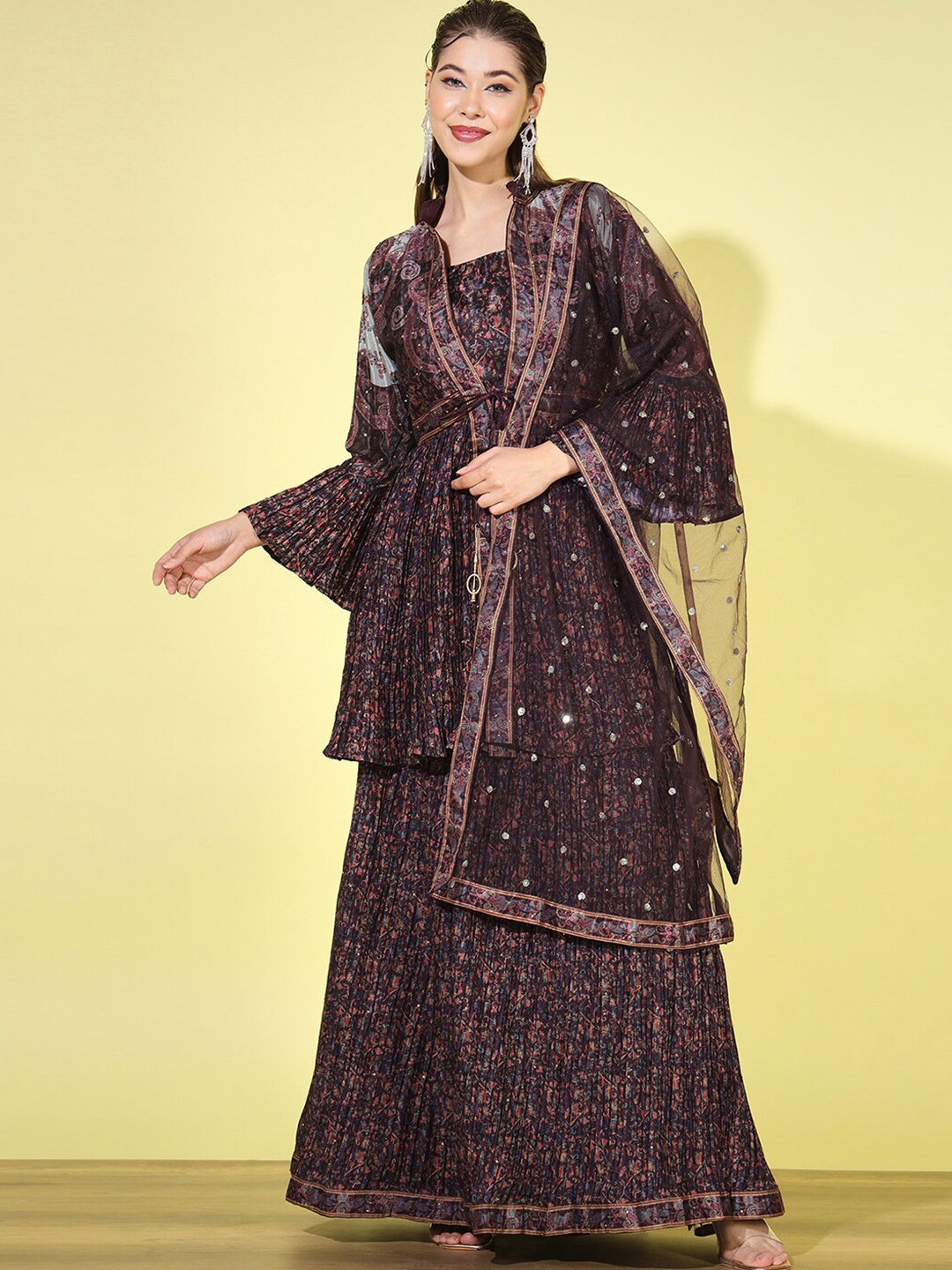 

Chhabra 555 Floral Printed Pleated Lehenga Choli Set With Flared Sleeve Jacket, Burgundy