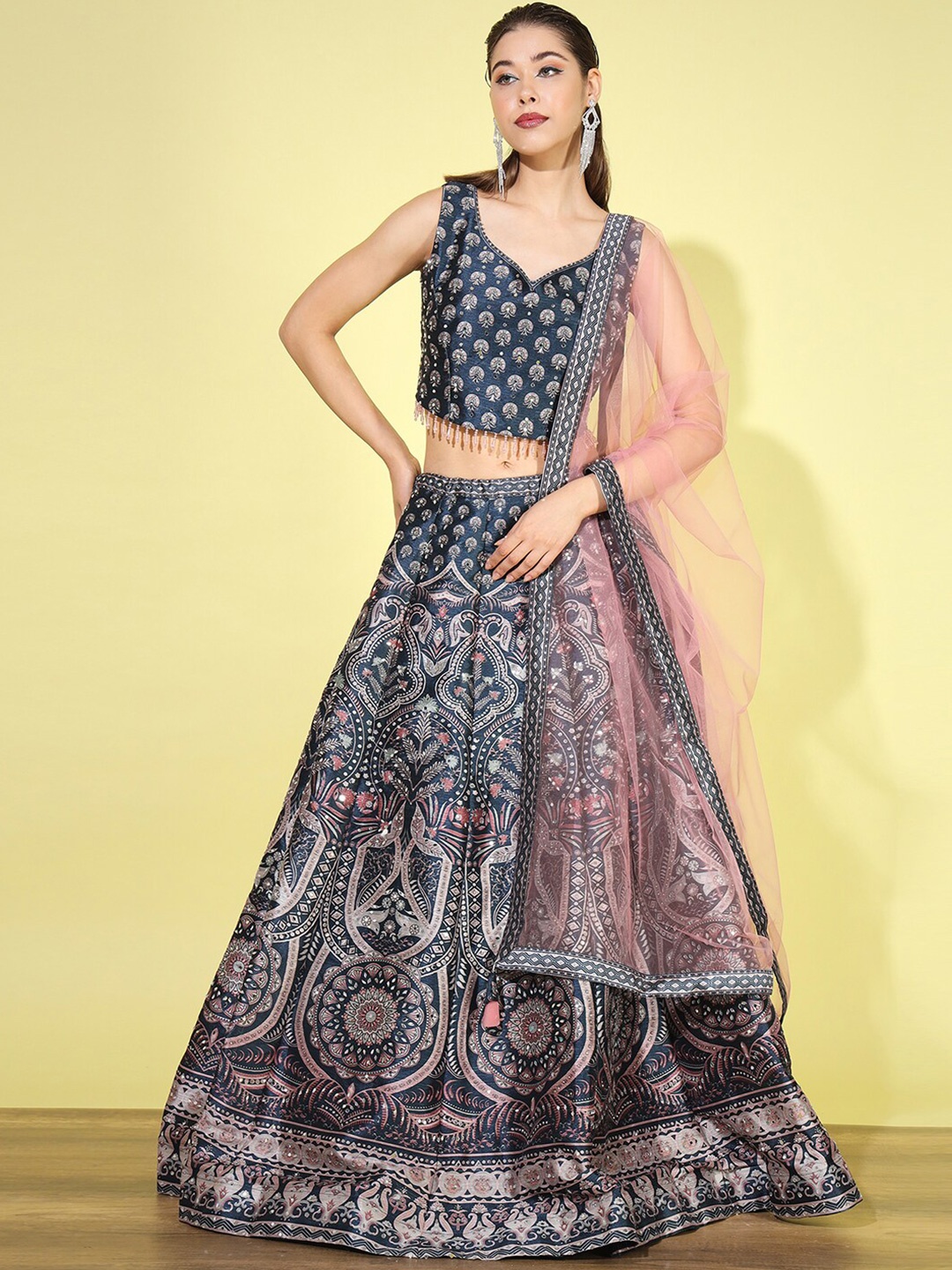 

Chhabra 555 Ethnic Motifs Printed Mirror Work Semi-Stitched Lehenga & Blouse With Dupatta, Navy blue