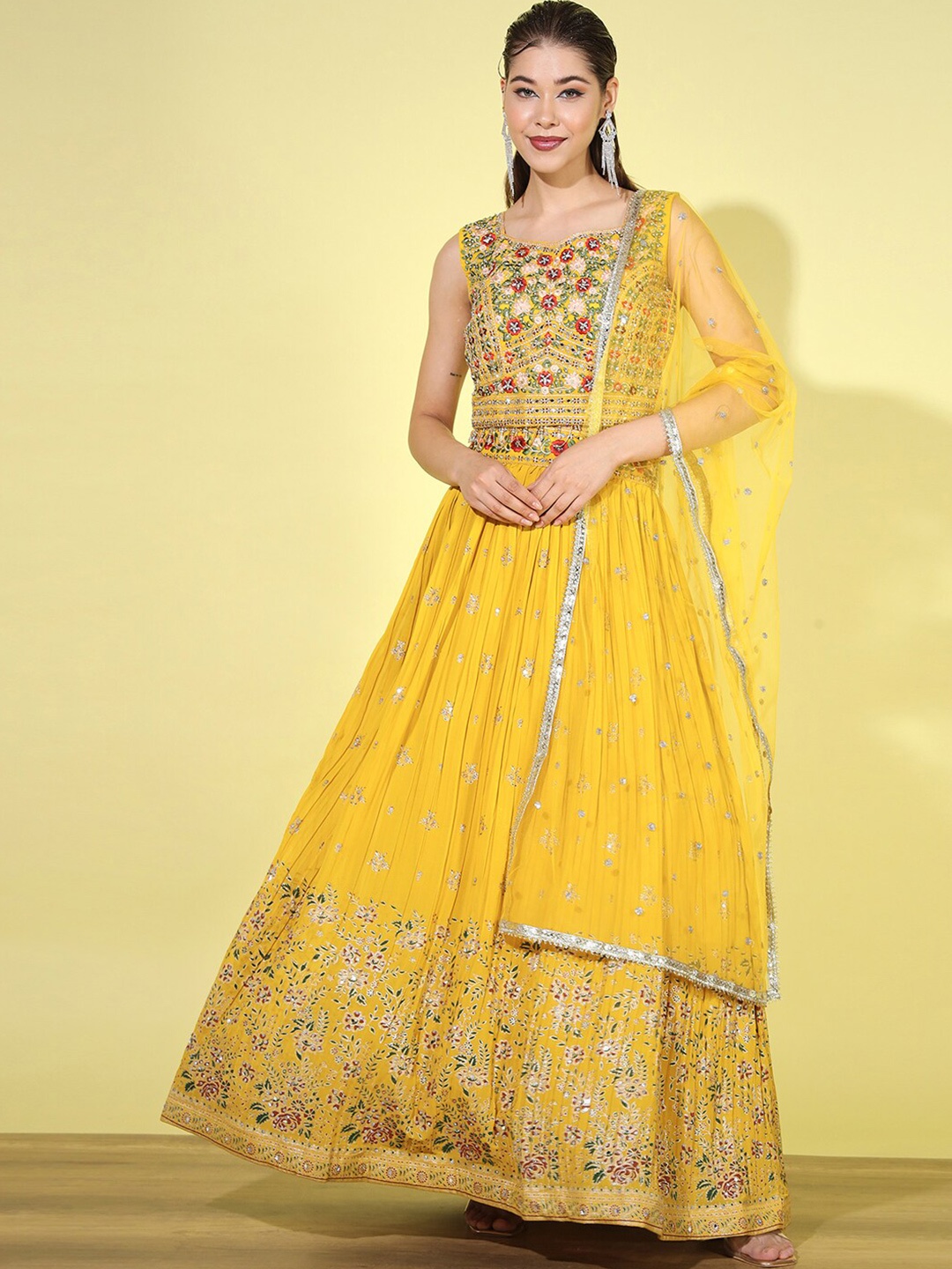 

Chhabra 555 Floral Embroidered Blouse With Foil Printed Lehenga & Dupatta, Mustard