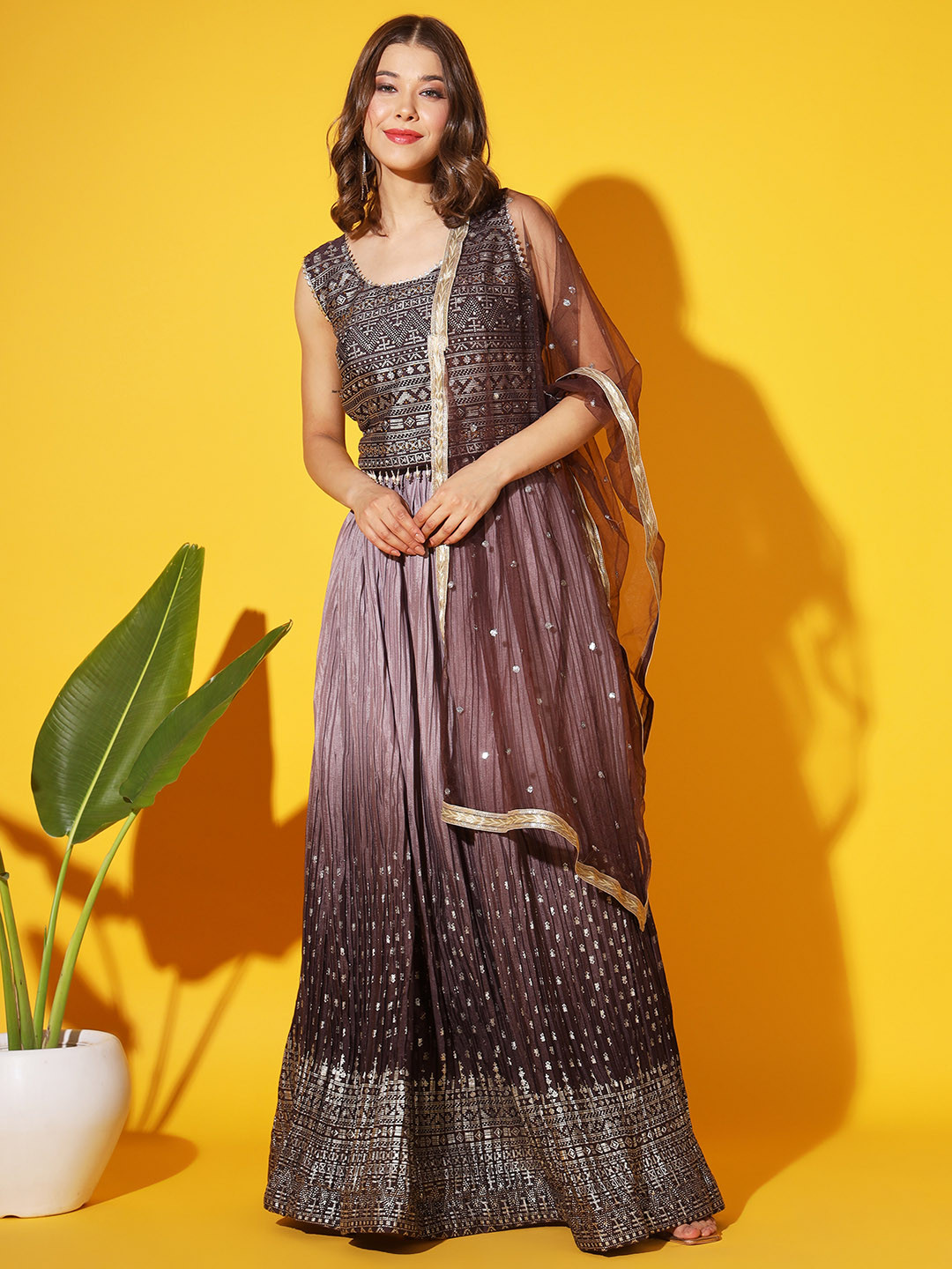 

Chhabra 555 Embellished Crop Top With Printed Lehenga & Dupatta, Burgundy