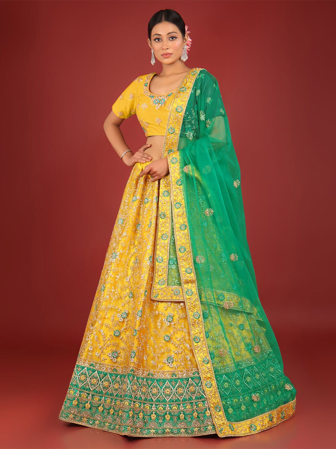 

HALFSAREE STUDIO Embroidered Net Semi-Stitched Lehenga & Unstitched Blouse With Dupatta, Mustard