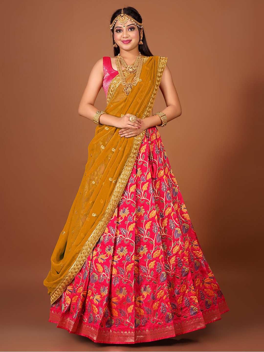 

HALFSAREE STUDIO Woven Design Semi-Stitched Lehenga & Unstitched Blouse With Dupatta, Pink