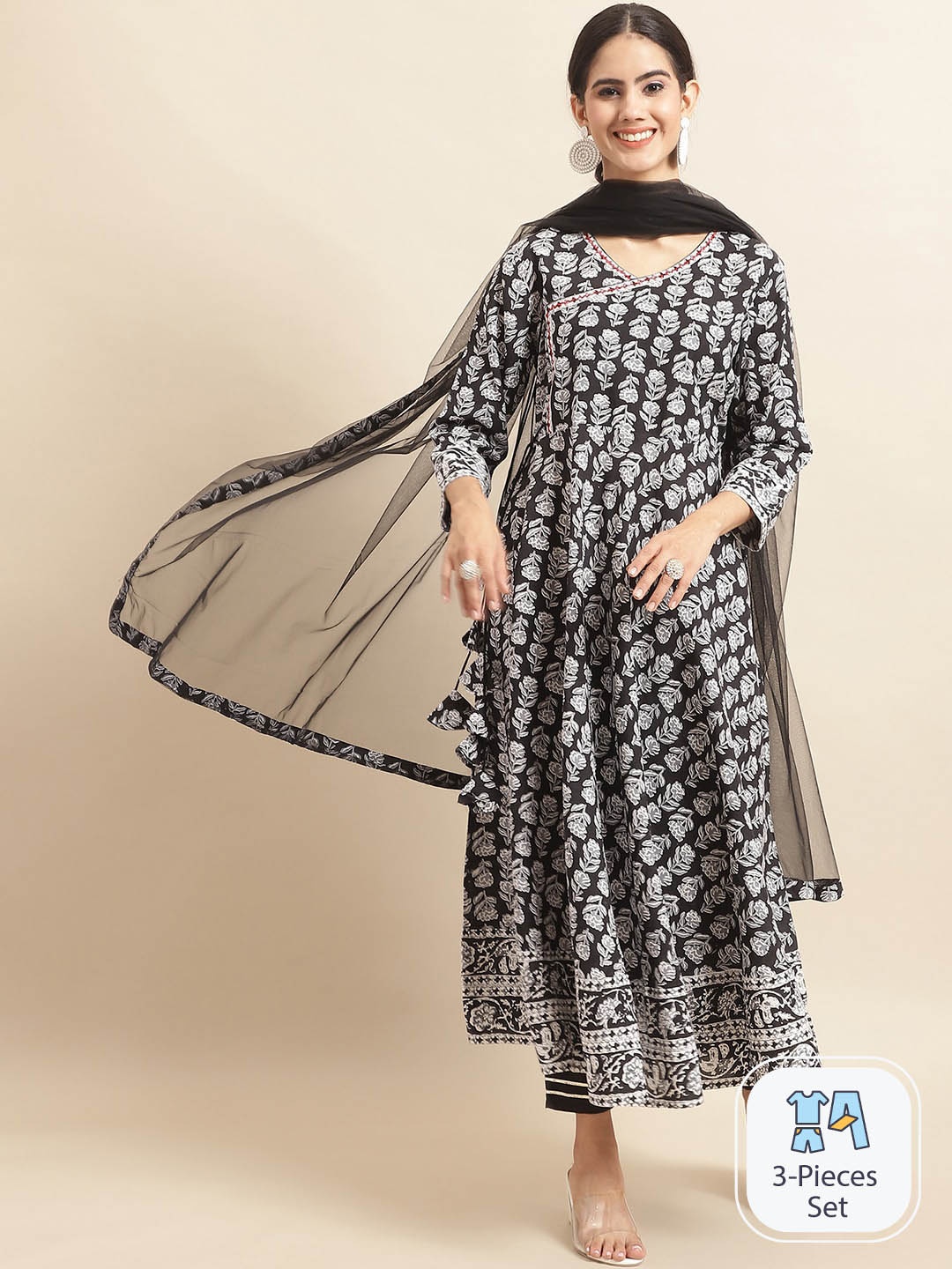 

Sangria Floral Printed Embroidery Angrakha Kurta & Trousers With Dupatta, Black