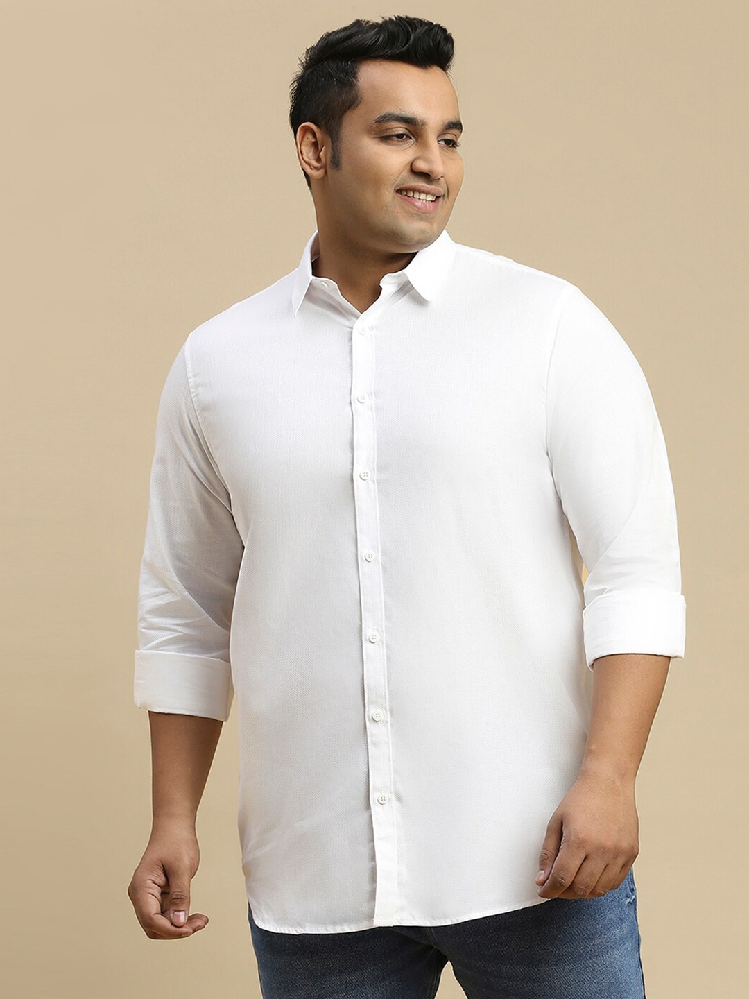 

Sztori Classic Plus Size Self Design Pure Cotton Casual Shirt, White