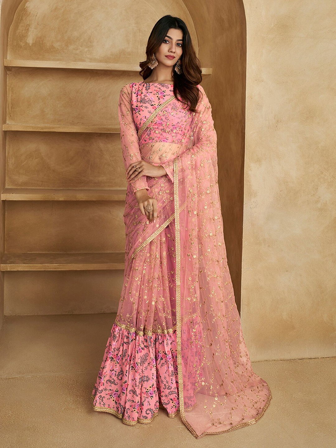 

Inddus Floral Sequines Embroidered Ruffled Saree, Pink