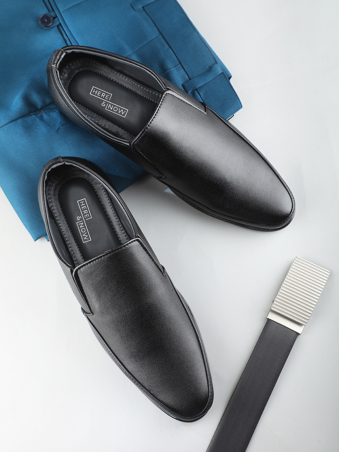 

HERE&NOW Men Black Leather Formal Slip-On Shoes