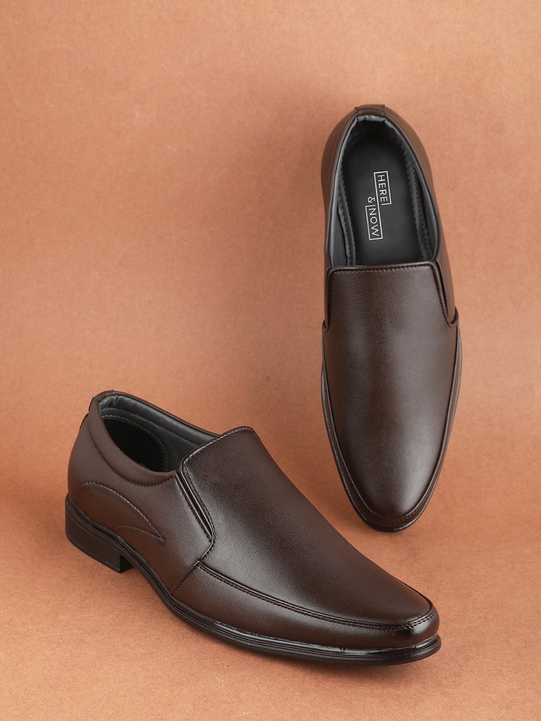 

HERE&NOW Men Brown Leather Formal Slip-On Shoes