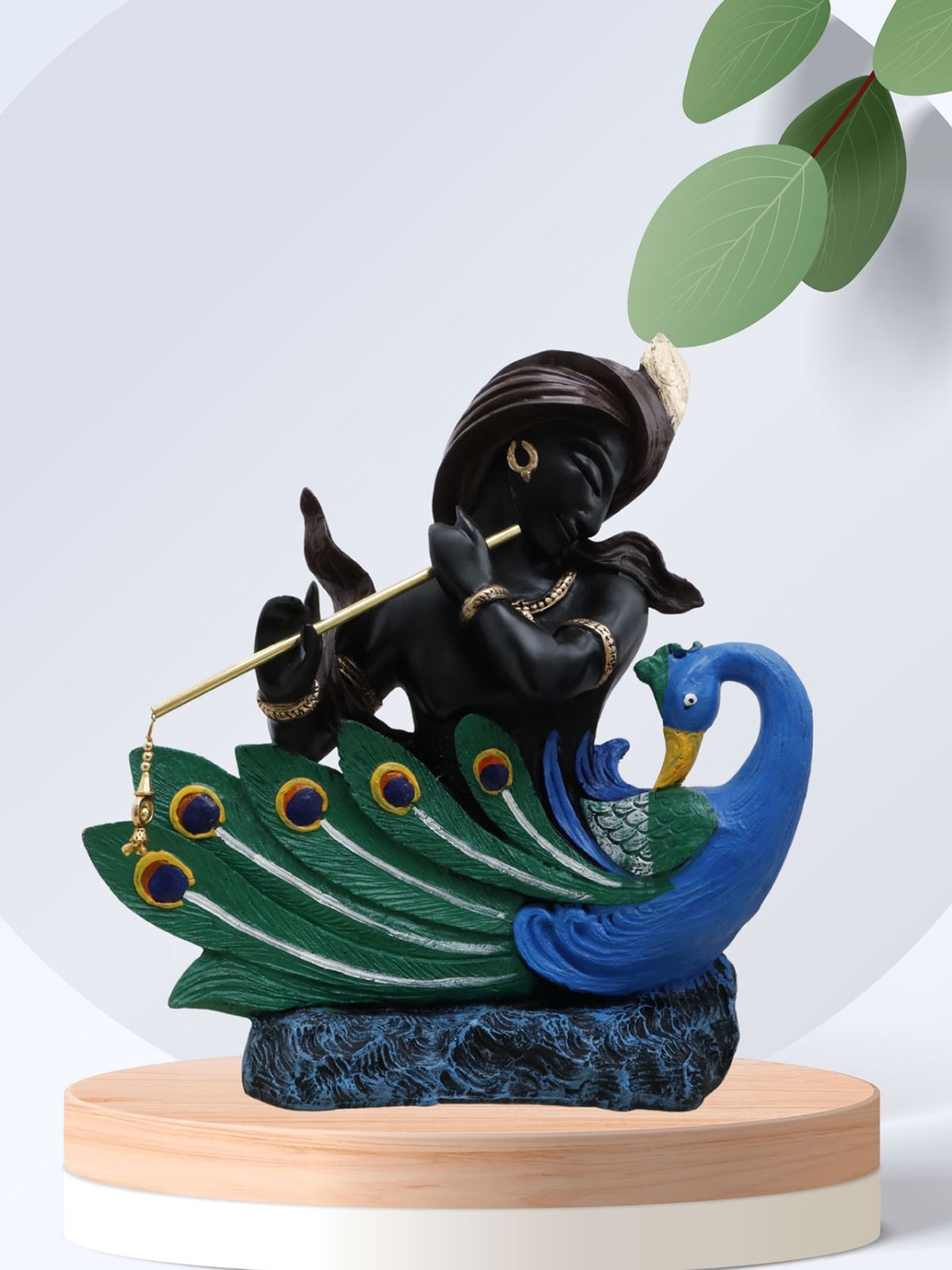

SHREE KALA HOME DECOR Black & Blue Peacock Krishna Playing Flute Showpiece, Green