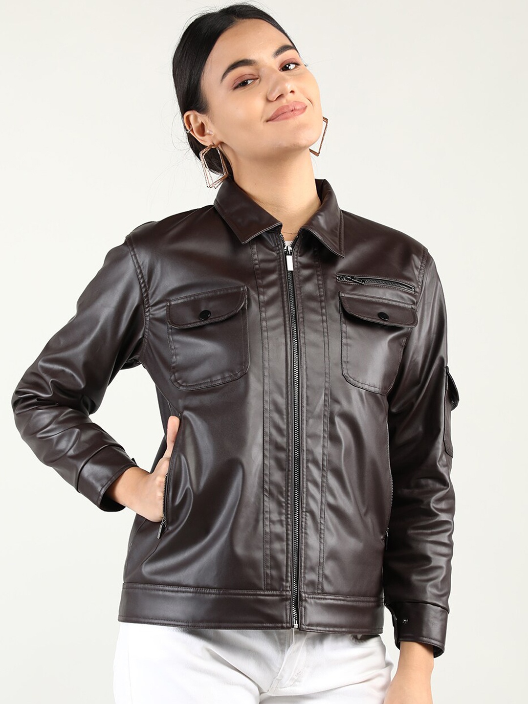 

CHKOKKO Long Sleeves Biker Jacket, Coffee brown