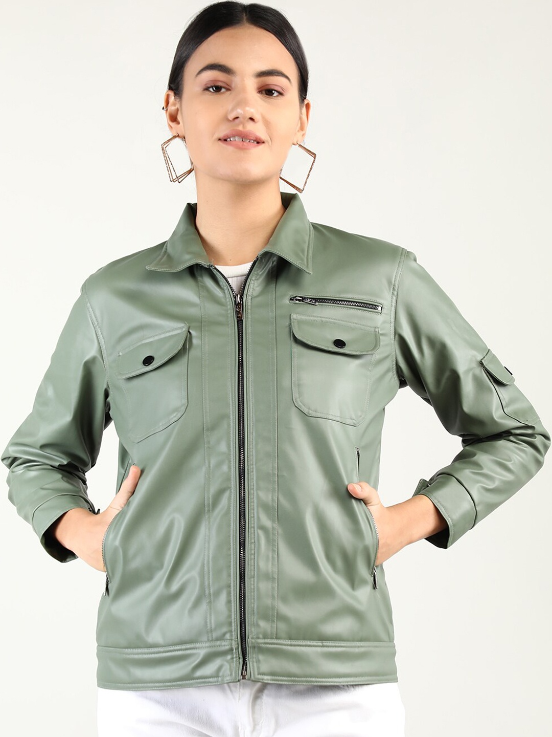 

CHKOKKO Long Sleeves Biker Jacket, Green