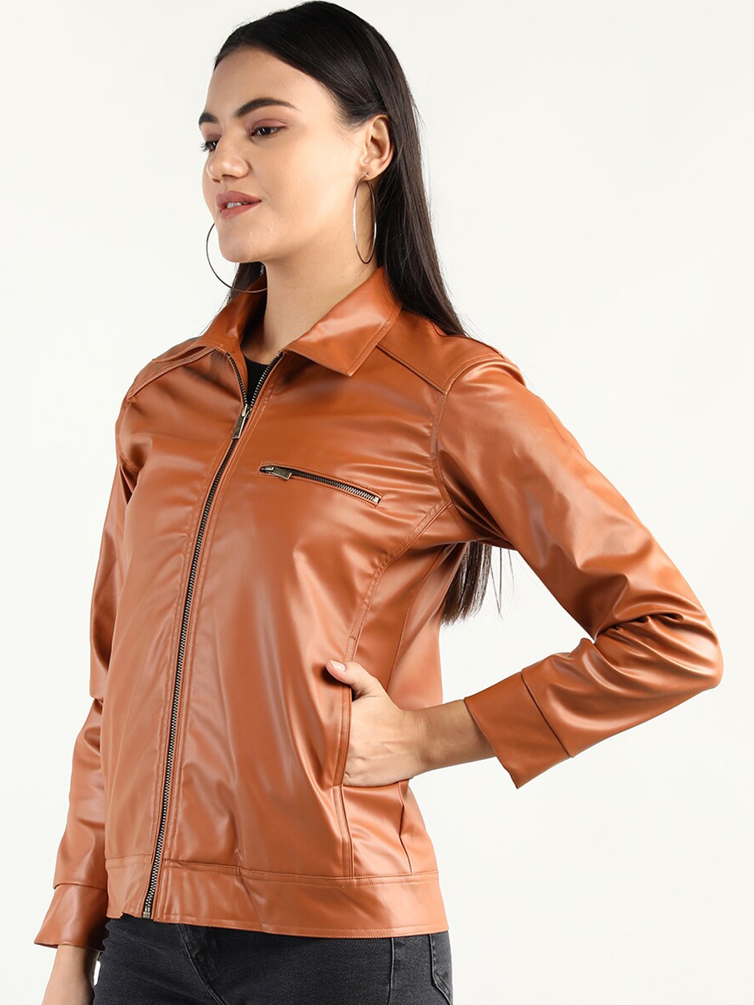 

CHKOKKO Spread Collar Long Sleeves Biker Jacket, Rust