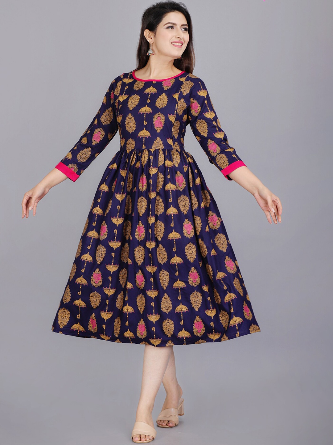 

TREND ME Ethnic Motifs Printed Maternity Anarkali Kurta, Navy blue