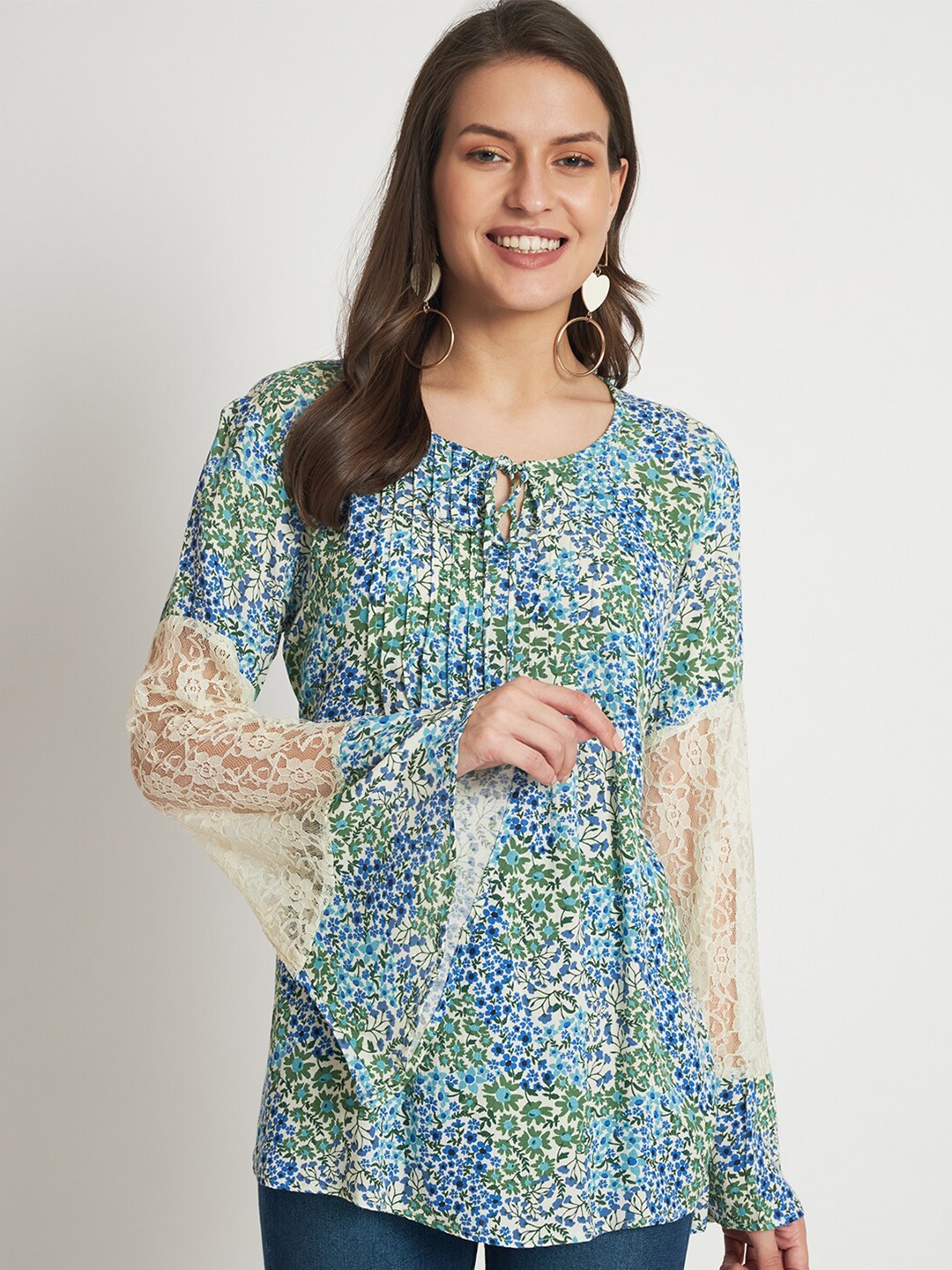 

VELDRESS Floral Printed Tie-Up Neck Bell Sleeve Pleated Top, Green