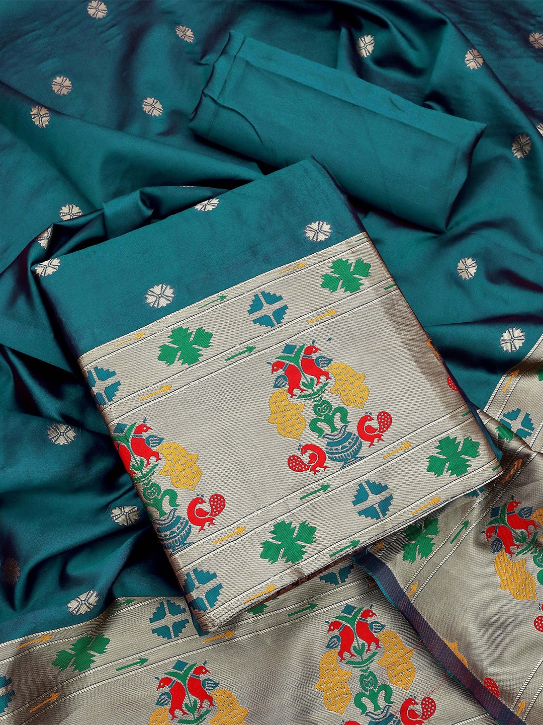 

SHADOW & SAINING Ethnic Motifs Woven Design Unstitched Dress Material, Teal