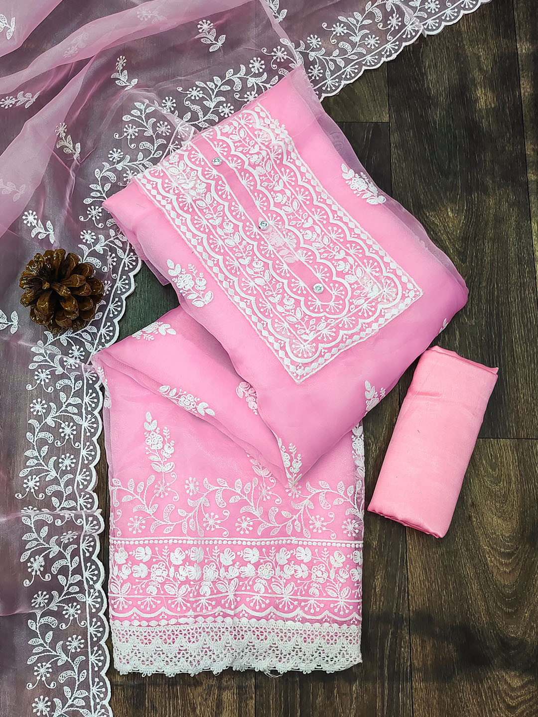 

SHADOW & SAINING Floral Embroidered Thread Work Organza Unstitched Dress Material, Pink