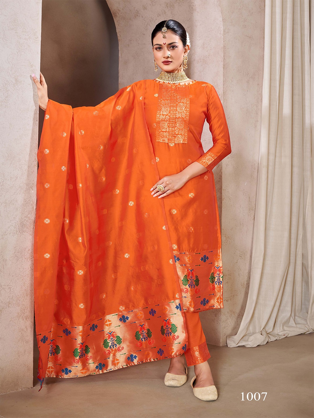 

SHADOW & SAINING Ethnic Motifs Woven Design Unstitched Dress Material, Orange