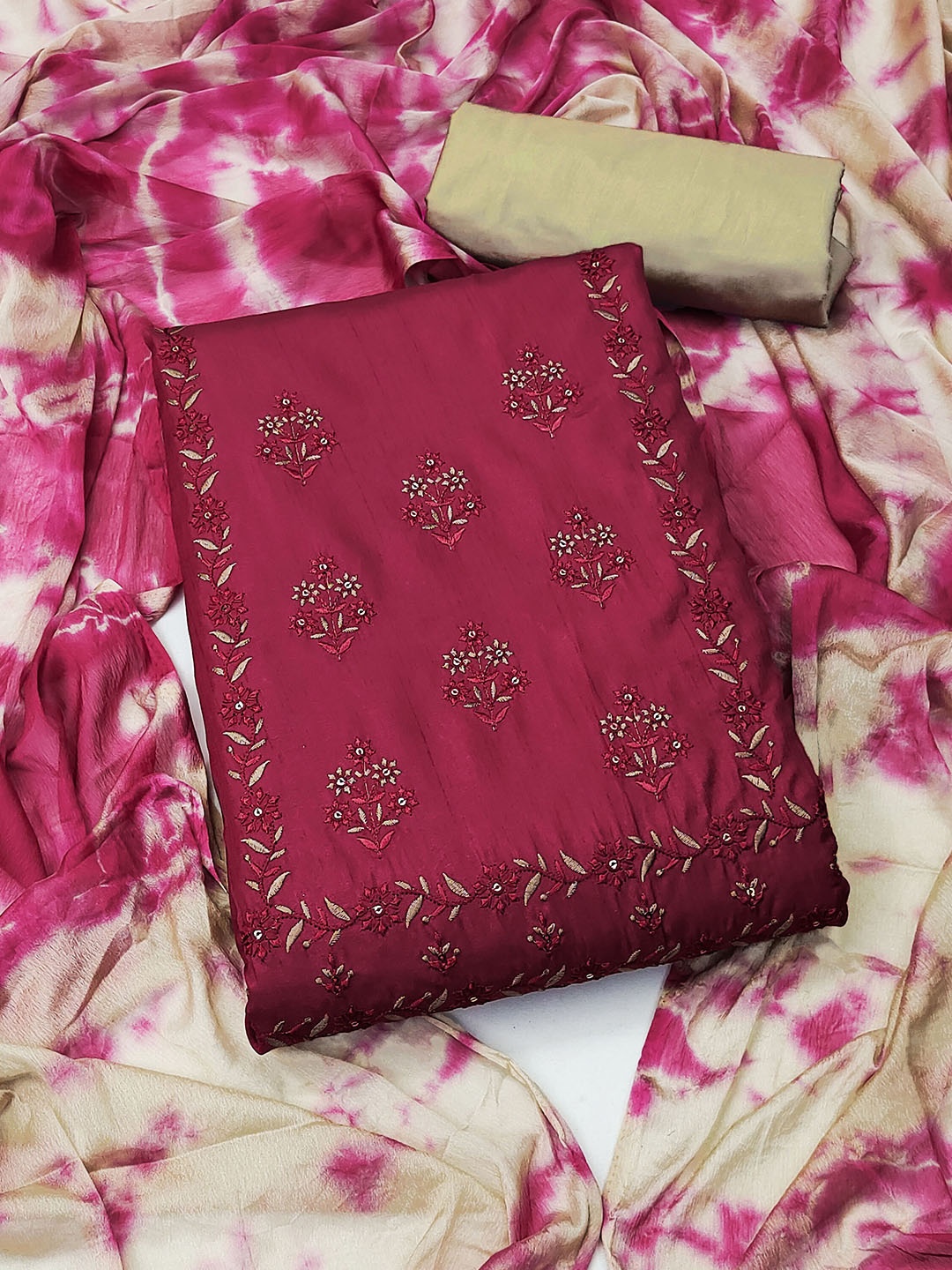 

SHADOW & SAINING Floral Embroidered Unstitched Dress Material, Magenta