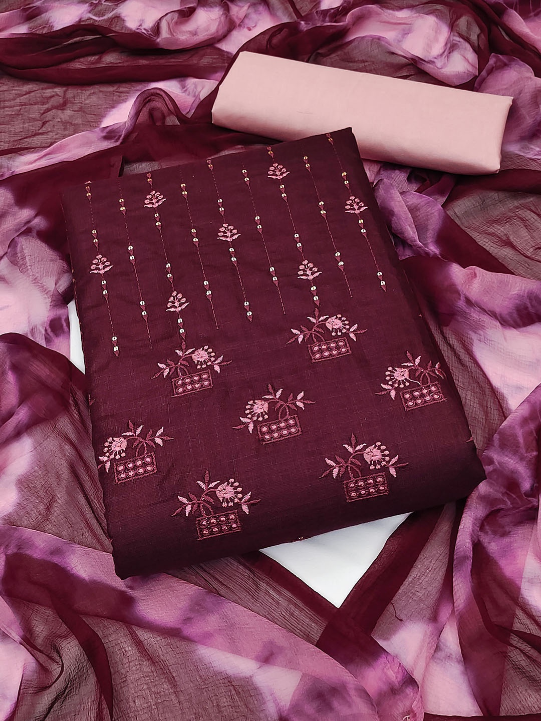 

SHADOW & SAINING Floral Embroidered Unstitched Dress Material, Magenta