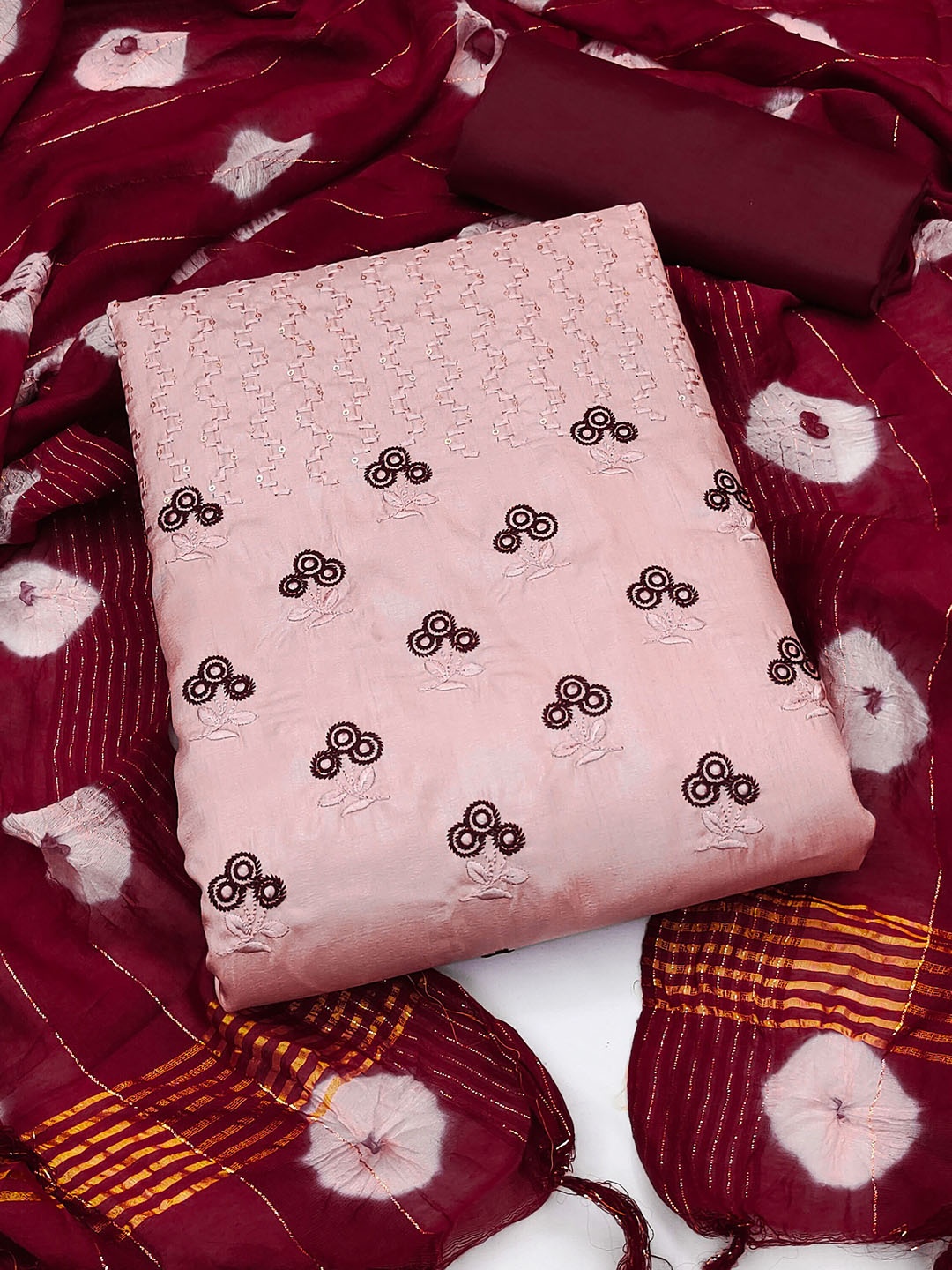 

SHADOW & SAINING Ethnic Motifs Embroidered Sequined Unstitched Dress Material, Peach