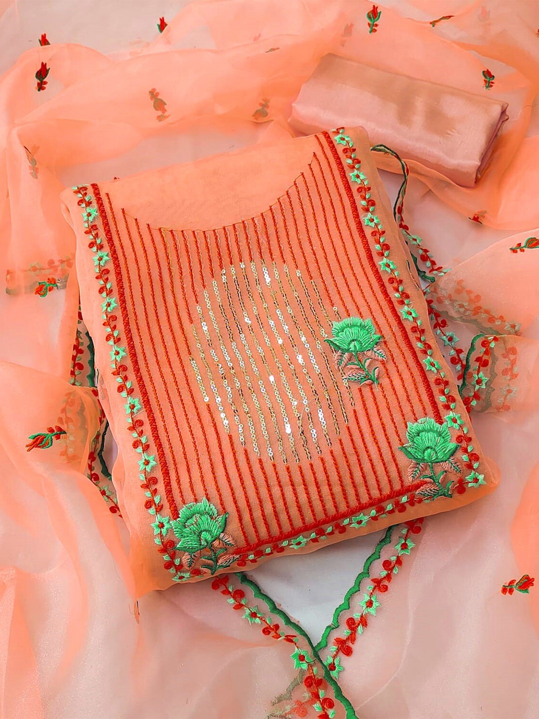 

SHADOW & SAINING Ethnic Motifs Embroidered Sequined Organza Unstitched Dress Material, Peach