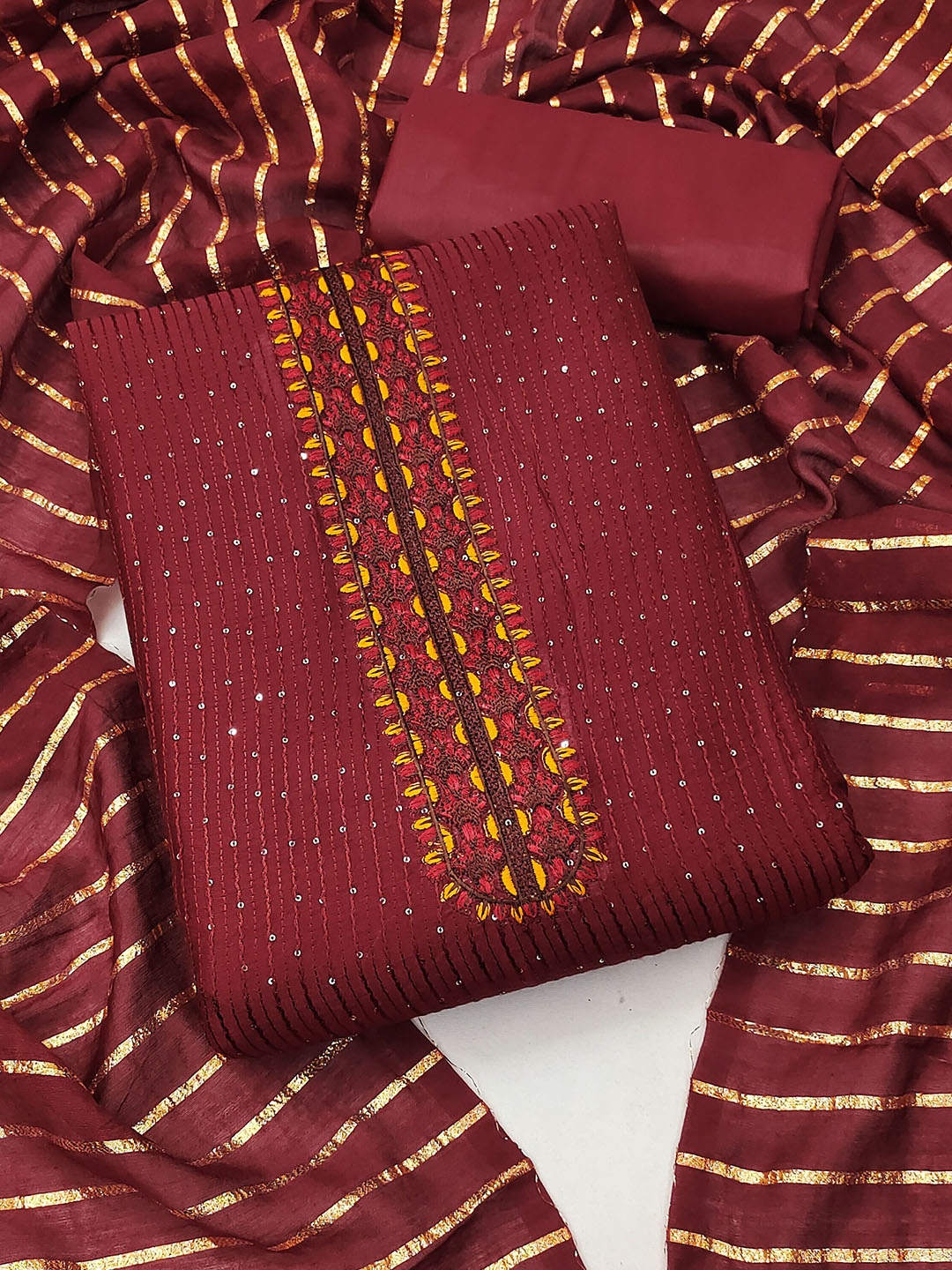 

SHADOW & SAINING Floral Embroidered Sequinned Unstitched Dress Material, Maroon