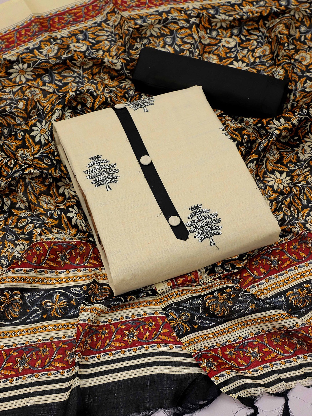 

SHADOW & SAINING Floral Embroidered Unstitched Dress Material, Beige
