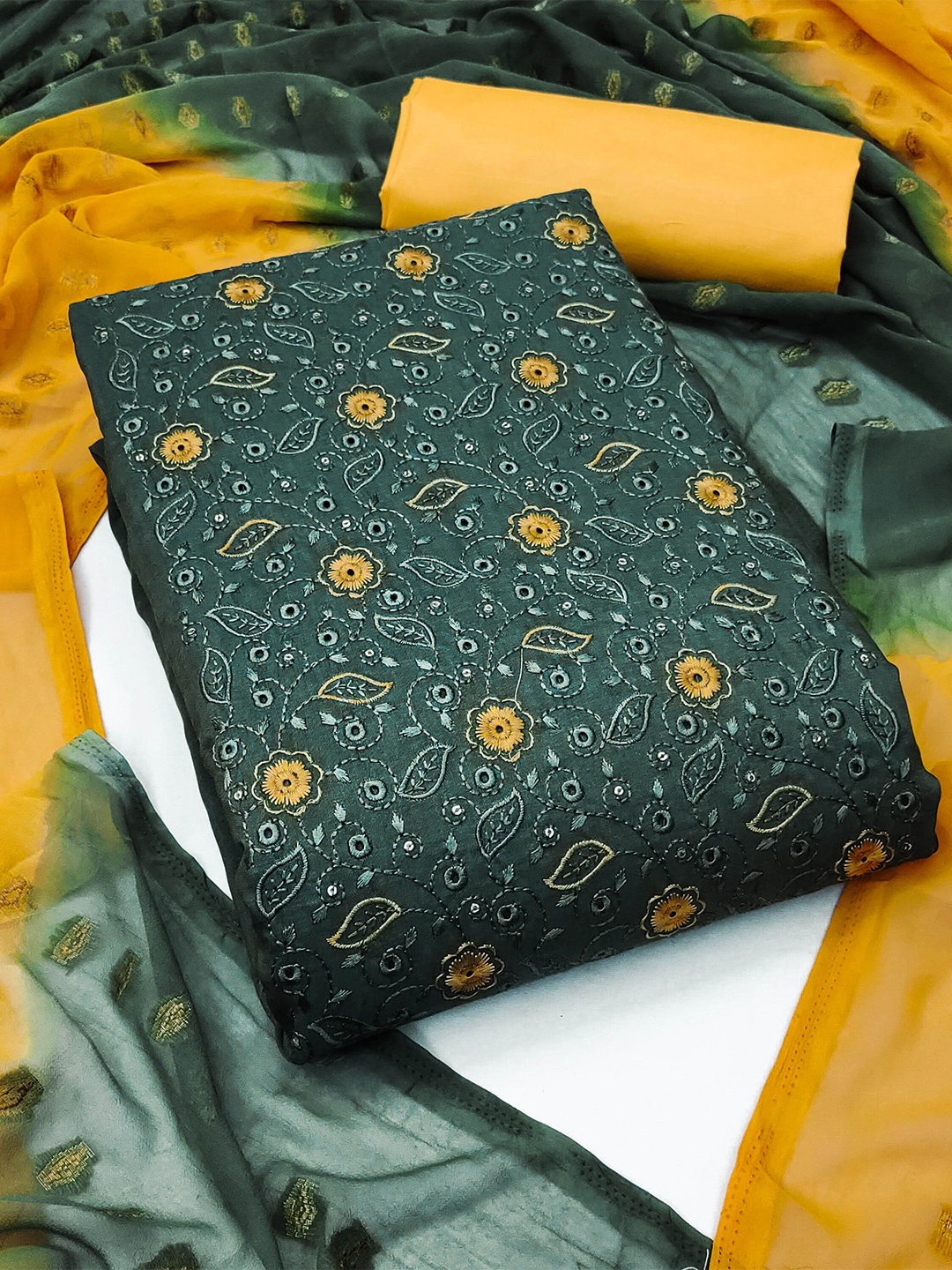 

SHADOW & SAINING Floral Embroidered Sequinned Unstitched Dress Material, Green