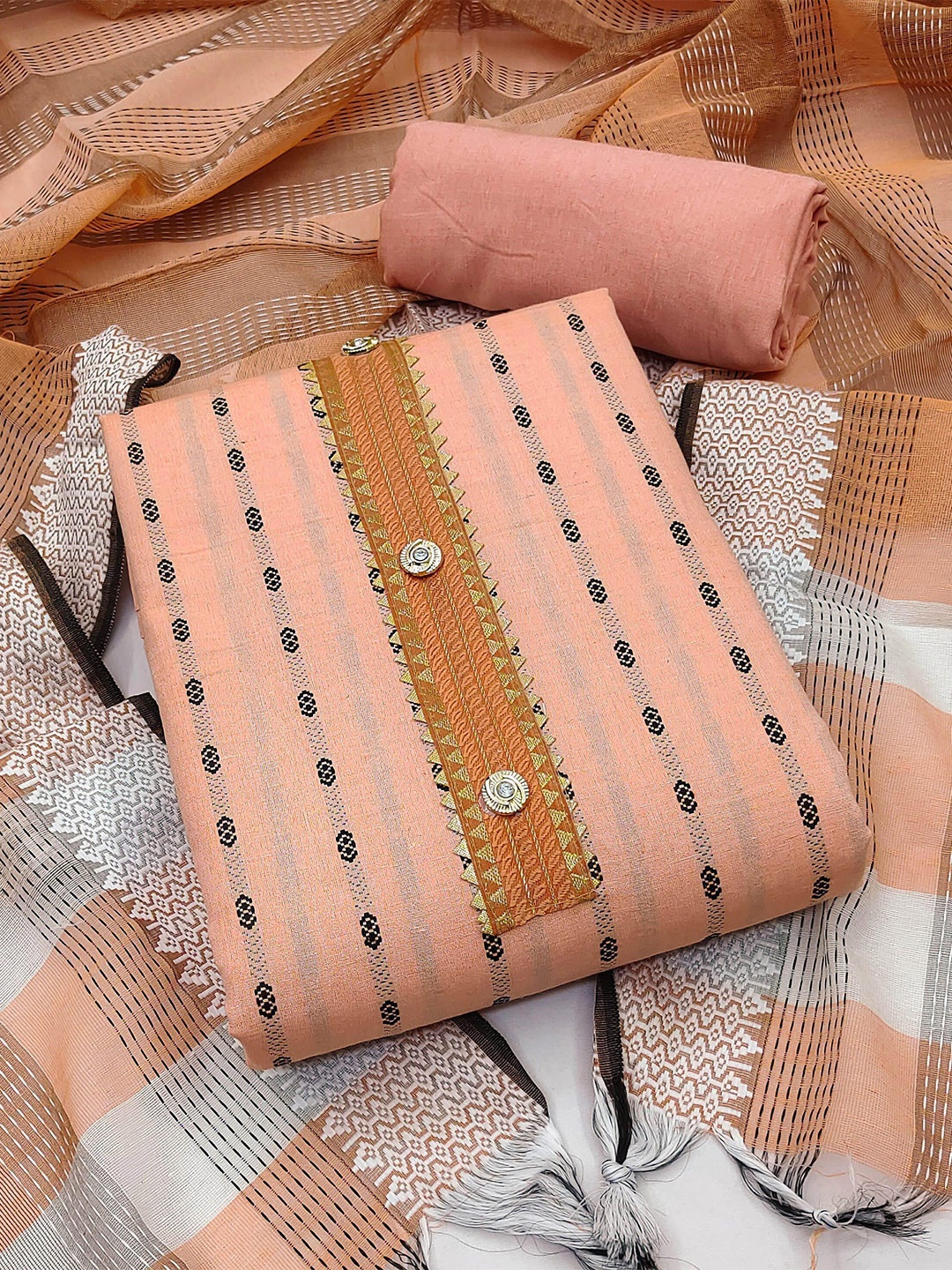 

SHADOW & SAINING Ethnic Motifs Unstitched Dress Material, Peach