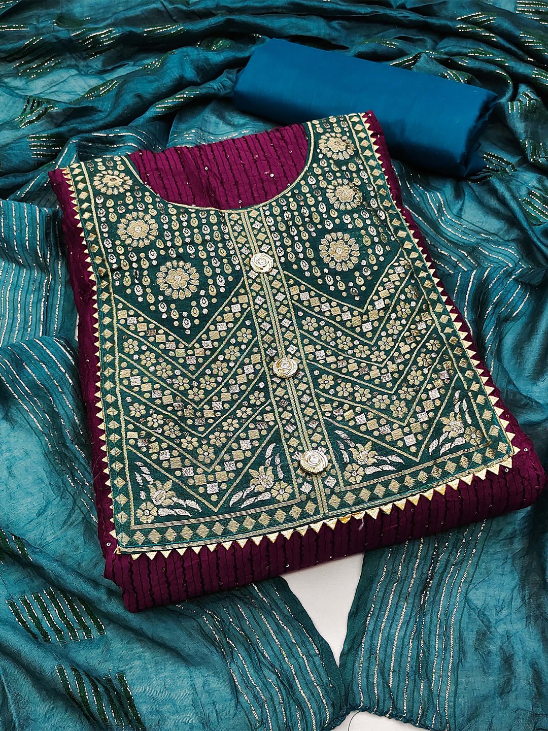 

SHADOW & SAINING Ethnic Motifs Embroidered Sequined Unstitched Dress Material, Purple
